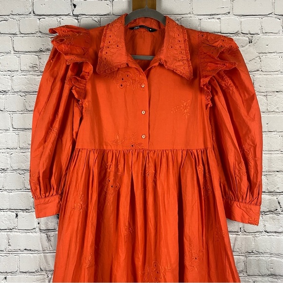 Zara Poplin Embroidered Midi Dress Eyelet Ruffled Puff Sleeve Orange - Picture 4 of 10